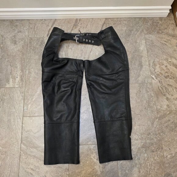 Vintage asphalt black zipper Leather Motorcycle Biker Chaps Mens XXL - Picture 1 of 16